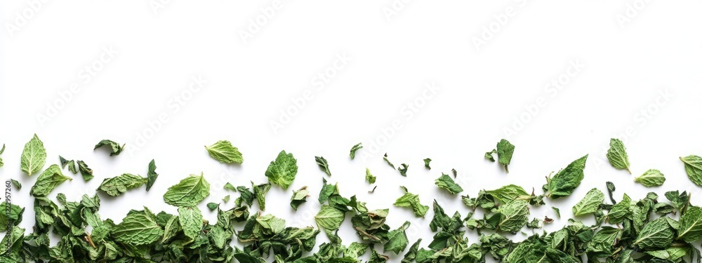 Poster Dried mint leaves arranged on a white background with ample space for adding text or promotional content in various designs