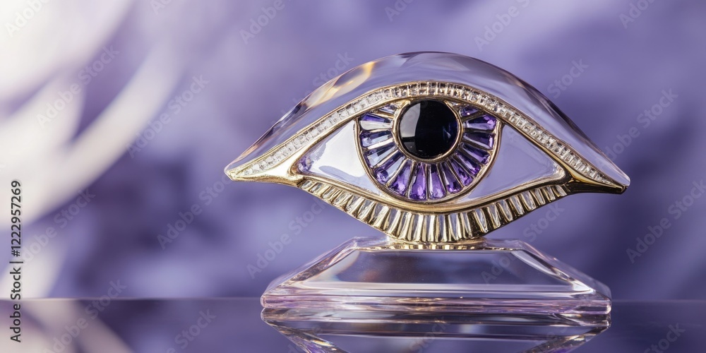 Poster Elegant Eye of Horus crystal statue showcasing amethyst reflections on a reflective surface with ample copy space for design or text.