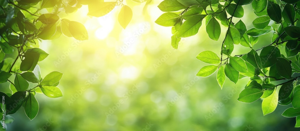 Aufkleber green leaves texture illuminated by sunlight in rainforest biophilic design nature background with c