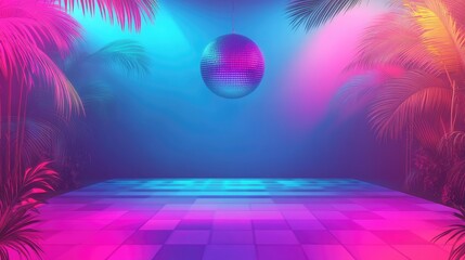 Artistic retro disco background with vibrant colors and minimalistic layout featuring empty space for text surrounded by tropical elements