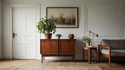 Potted Plants on Antique Cabinet in Bright Living Room