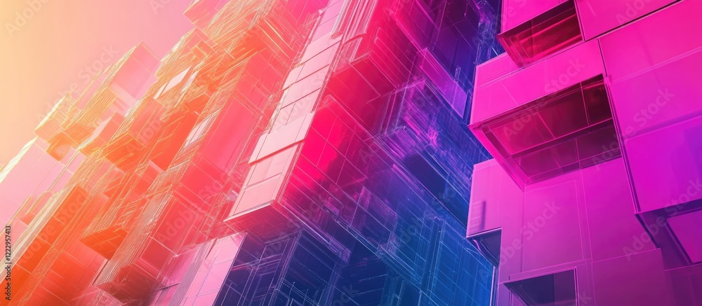 Aufkleber Modern cityscape with geometric architecture in vibrant colors perfect for technology and media projects featuring space for text integration