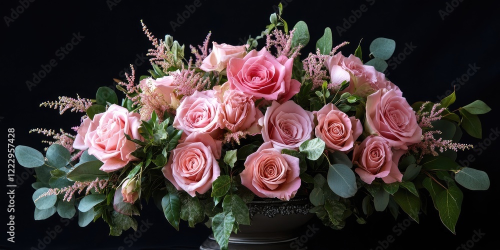 Poster elegant floral arrangement of pink roses and greenery with dark background and ample space for text 