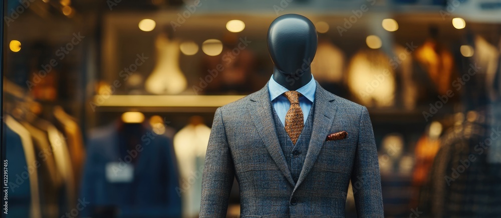 Poster stylish executive attire mannequin display in fashion storefront with empty space for text and busin