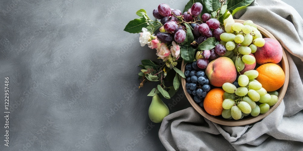 Aufkleber chic fruit bowl featuring assorted fresh fruits on a modern breakfast table with vibrant flowers and