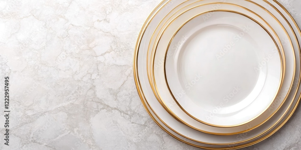 Aufkleber elegant gold rimmed plates stacked in a modern table setting on a light marble background showcasing