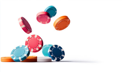Colorful casino chips falling on a white background, representing gaming excitement.