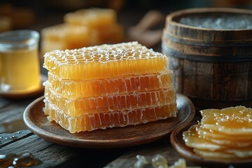 Golden honeycomb stacked on a wooden plate a sweet treat from the hive