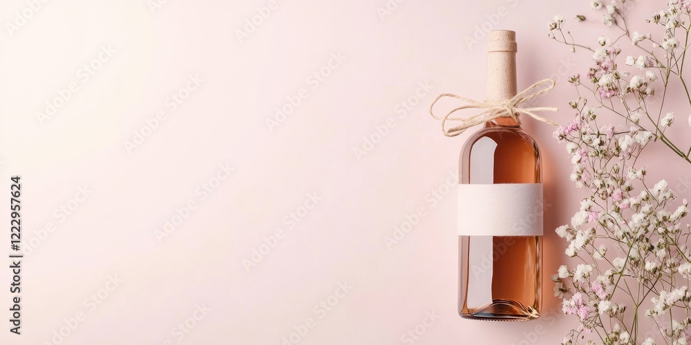 Poster stylish wine bottle gift arrangement with delicate flowers and blank label for customizable text spa