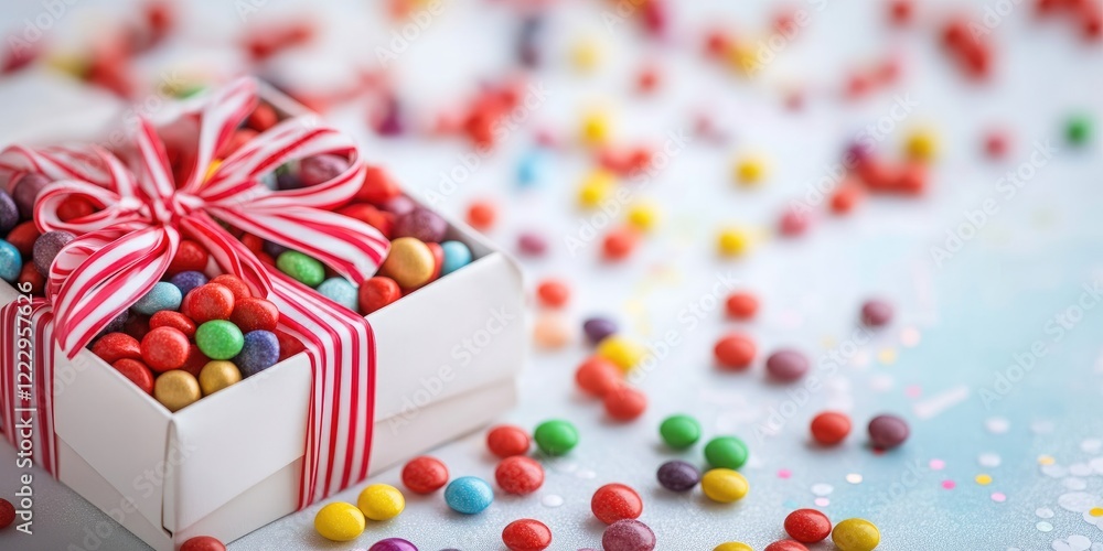 Poster Elegant Gift Box Filled with Colorful Assorted Candies and Decorative Ribbon on a Vibrant Background with Space for Text