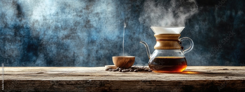 Poster drip coffee brewing with glass kettle and aromatic steam on rustic wooden table with blank space for