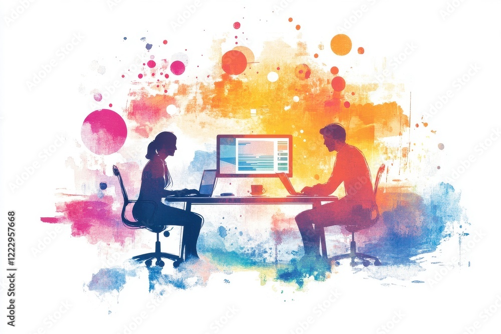 Poster two individuals work at computers, surrounded by colorful splashes, representing creativity and coll