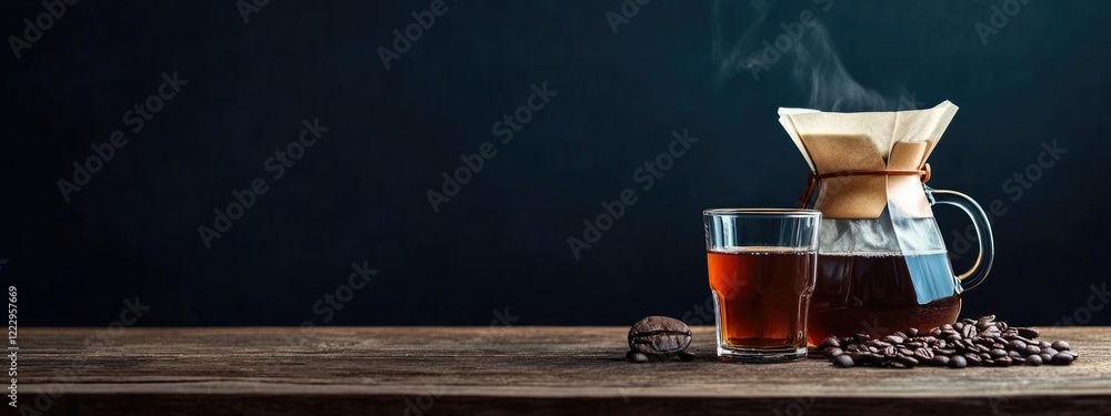 Poster Drip bag coffee setup with dripper stand and glass mug surrounded by coffee beans on wooden table with empty space for text