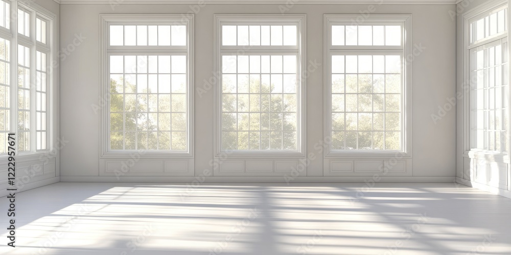 Aufkleber Bright and airy daytime living room showcasing large windows and ample empty space, ideal for text overlay or interior design concepts
