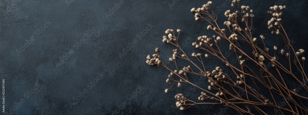 Poster dried floral branches arranged on a dark textured surface with blank space for text or branding over