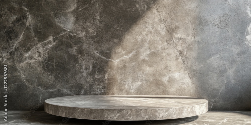Aufkleber elegant round display table with textured stone background for product presentation and copy space