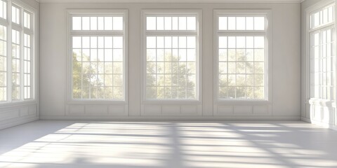 Bright and airy daytime living room showcasing large windows and ample empty space, ideal for text overlay or interior design concepts