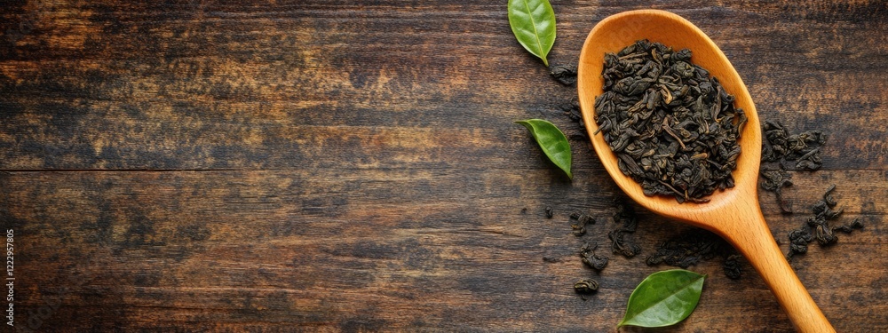 Aufkleber dried tea leaves in wooden spoon on rustic surface with fresh leaves and ample space for text or pro