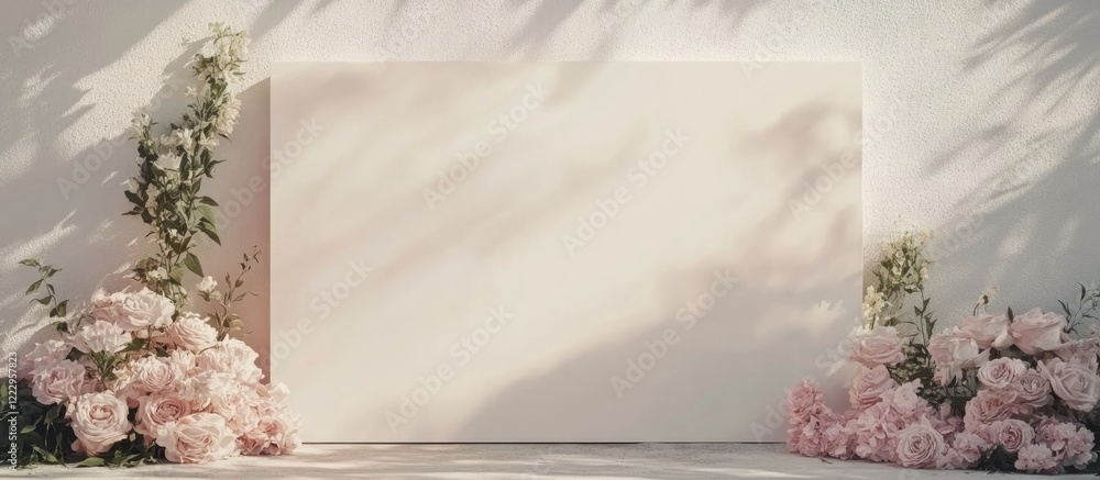 Poster white frame mockup with soft shadows and floral arrangement on clean wall for modern art display and