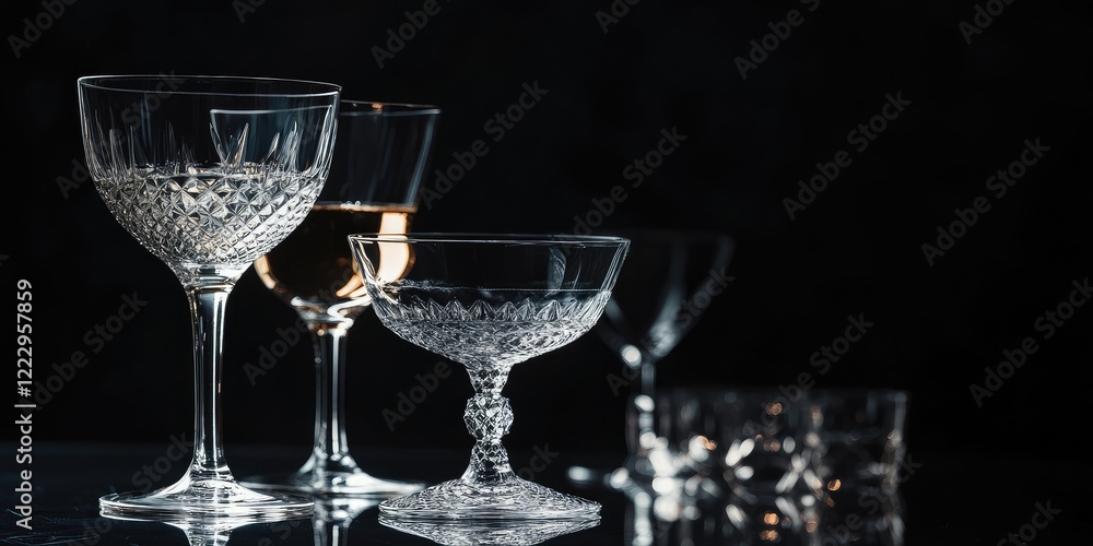 Poster Elegant Crystal Glassware Arrangement on Dark Velvet Background with Space for Beverage Text or Branding