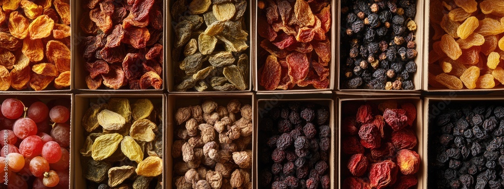 Poster Dried fruits and berries displayed in cardboard boxes with ample empty space for text in a market setting ideal for advertising or promotional use