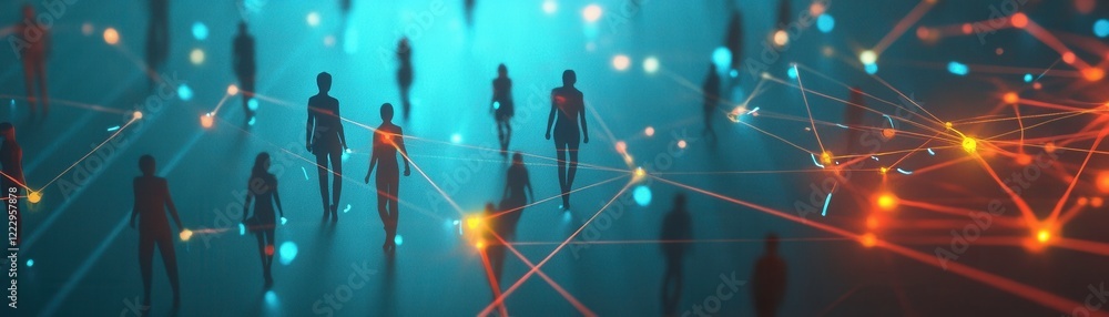 Poster a digital scene depicting shadowy figures interconnected by vibrant lines, symbolizing networking an