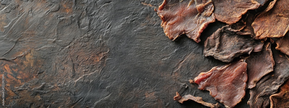 Poster dried smoked meat pieces on textured surface with empty space for branding or text in food product a