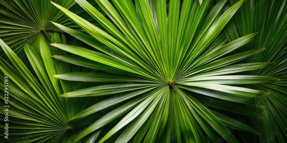 Poster Lush green palm leaf background featuring intricate textures ideal for product presentations and design projects with ample copy space