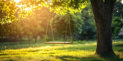 Elegant garden swing under a tree on a sunny day with soft light and empty space for text or design elements