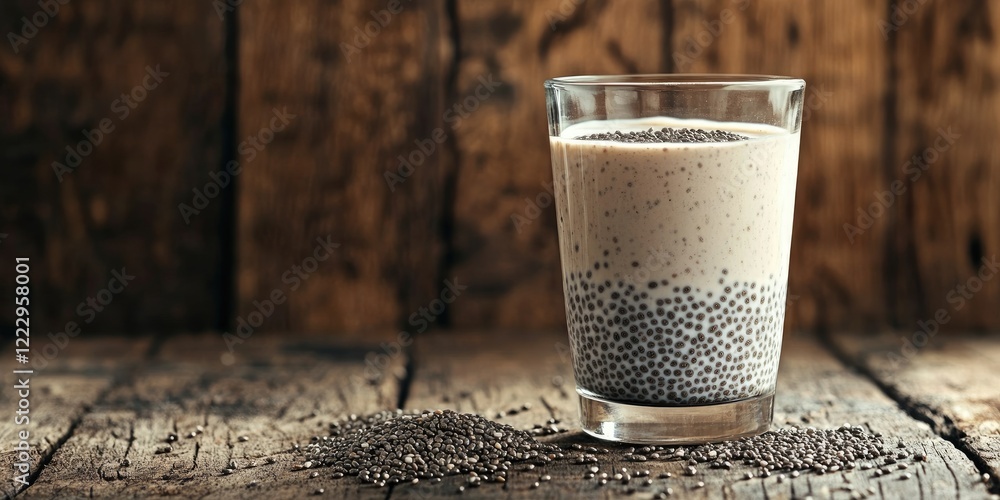Poster Chia seed pudding in glass with creamy milk on rustic wooden background with empty space for text and chia seeds scattered around