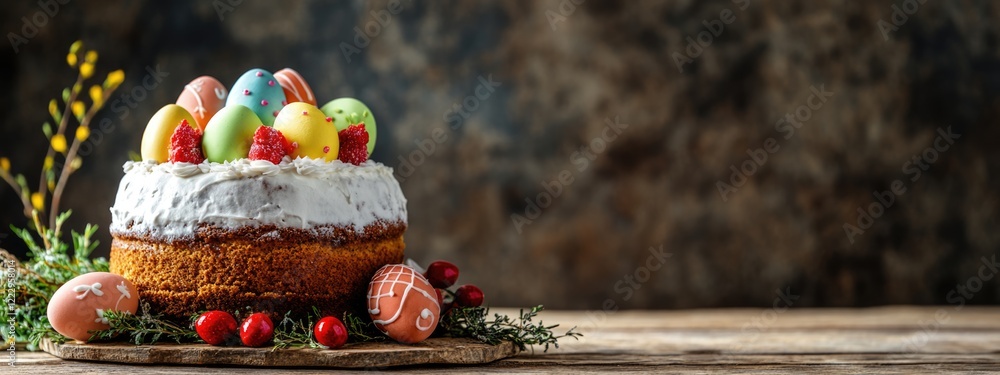 Poster Easter cake with colorful handmade eggs on rustic wooden table festive setting with empty space for personalized text and greetings