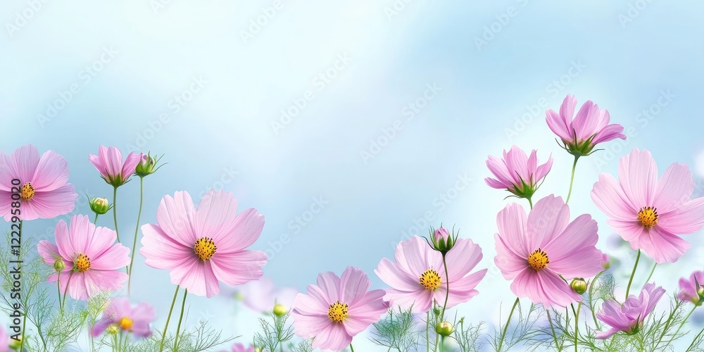 Poster Floral border featuring delicate cosmos flowers against a soft blue background with ample space for text or design elements.