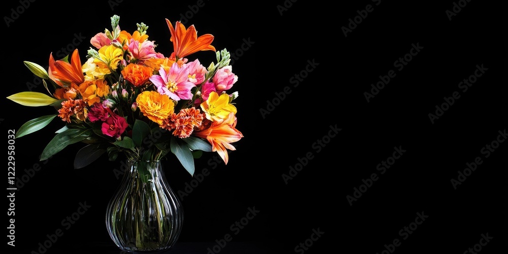 Poster vibrant floral bouquet in elegant glass vase against black background with ample empty space for per