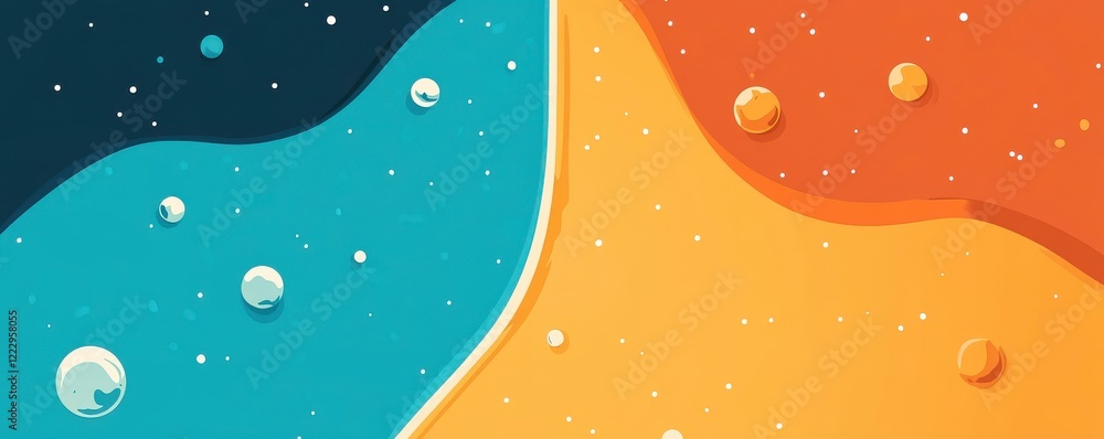 Poster a vibrant abstract image featuring swirling turquoise and orange colors with bubbles, creating a dyn