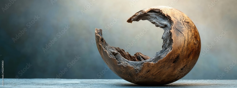 Aufkleber driftwood sculpture shaped like a planet with negative space suitable for text overlay and artistic 