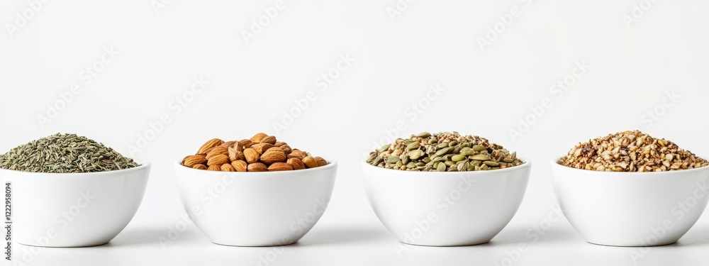 Aufkleber Dried herbs and spices with raw nuts and seeds in white bowls displaying empty space for text and showcasing natural culinary ingredients