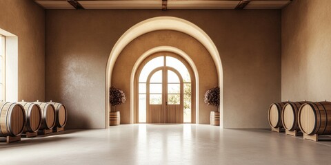 Elegant entrance hall featuring arched doorway and wine barrels creating a spacious ambiance ideal for text overlay or promotional material.