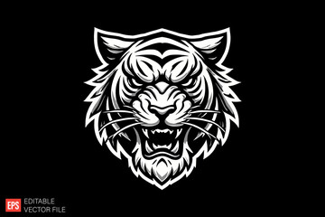 Obraz premium Tiger Head Black and white silhouette Illustration vector design