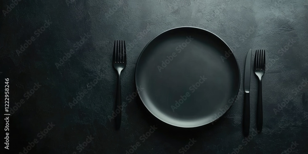 Poster sophisticated fine dining table arrangement with black plate and silverware on dark background for t