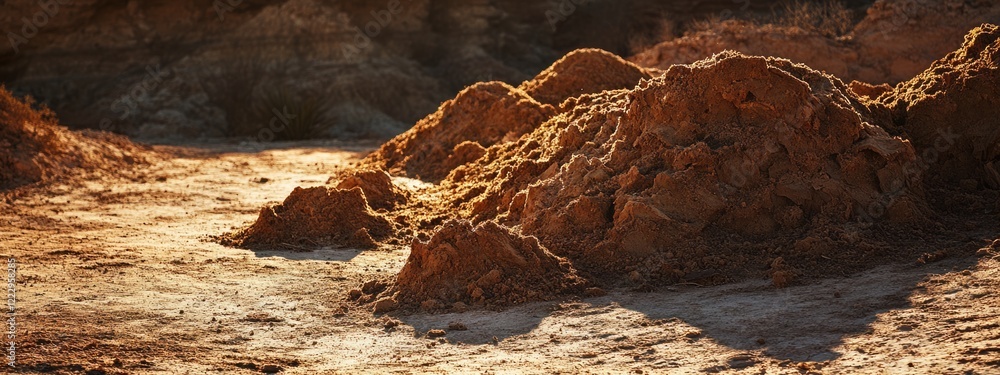 Aufkleber dried cow dung piles in sunlight casting shadows across a barren desert landscape with ample space f