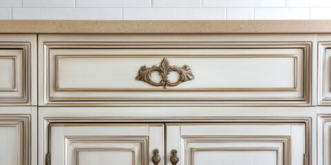 Elegant hand painted antique French country kitchen cabinets featuring ornate design and ample empty space for text placement