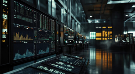 Obraz premium Dynamic market charts displayed on high-tech screens in a dark, cinematic trading environment