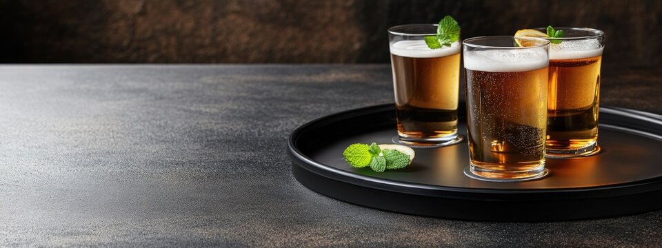 Cocktail and beer trays with fresh drinks on a rustic bar surface ideal for bar menu or beverage advertisement with copy space for text