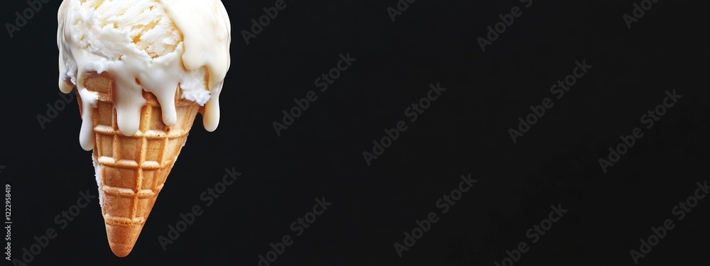 Poster Melting ice cream cone dripping against a black background with ample empty space for text and branding purposes