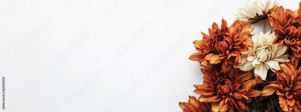 Poster Dried chrysanthemum flowers arrangement displaying warm colors on a white background with ample space for text or design elements