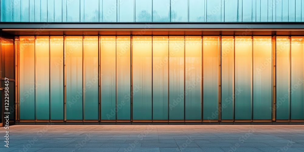 Poster modern glass facade of an urban building illuminated at dusk with ample empty space for promotional 
