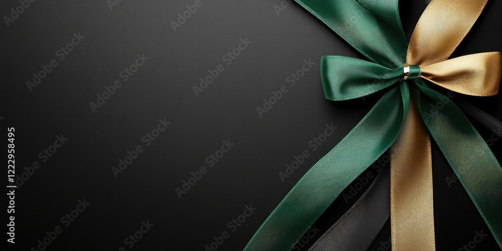 Poster Elegant black green and gold ribbon design with ample copy space for text in a sophisticated layout on a dark background
