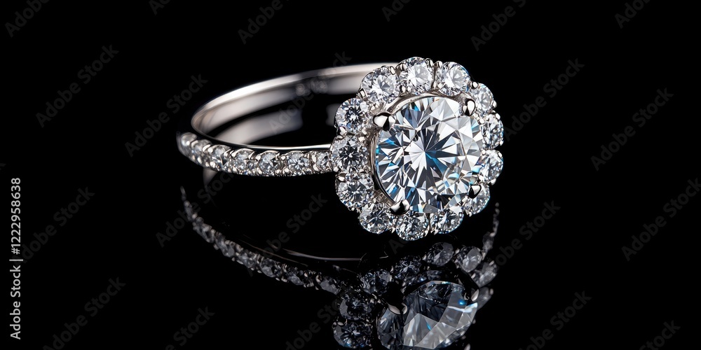 Poster Sophisticated diamond ring close-up capturing luxury and elegance with reflective surface and ample copy space for promotional text