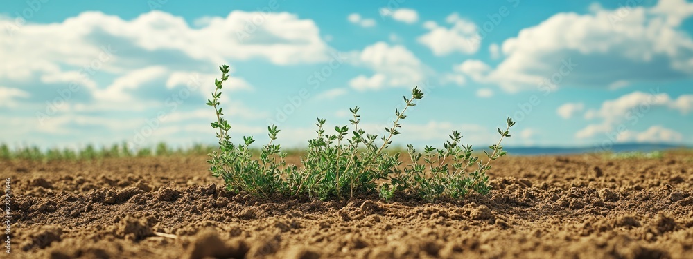 Poster dried thyme leaves on bare earth under a bright sky with ample copy space for text showcasing nature