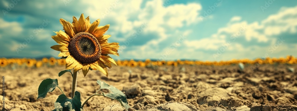 Poster dried sunflower in drought-affected landscape highlighting agricultural challenges with empty space 